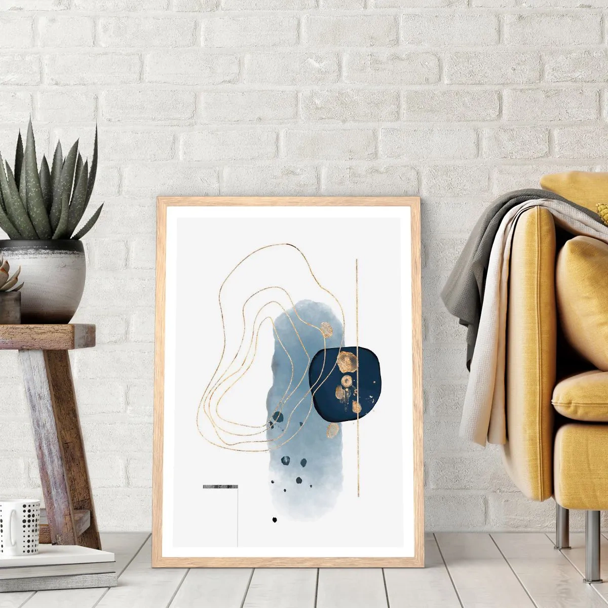 Affiche dans un chêne clair - Poster - Fantaisie bleu et or - 70x100 cm