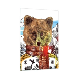 Impression sur verre - Image sur verre - Un ours en pull et écharpe avec une maison de montagne en arrière-plan - 80x120cm - La cabane aux ours - Décoration murale moderne pour le salon et la chambre ARTTOR