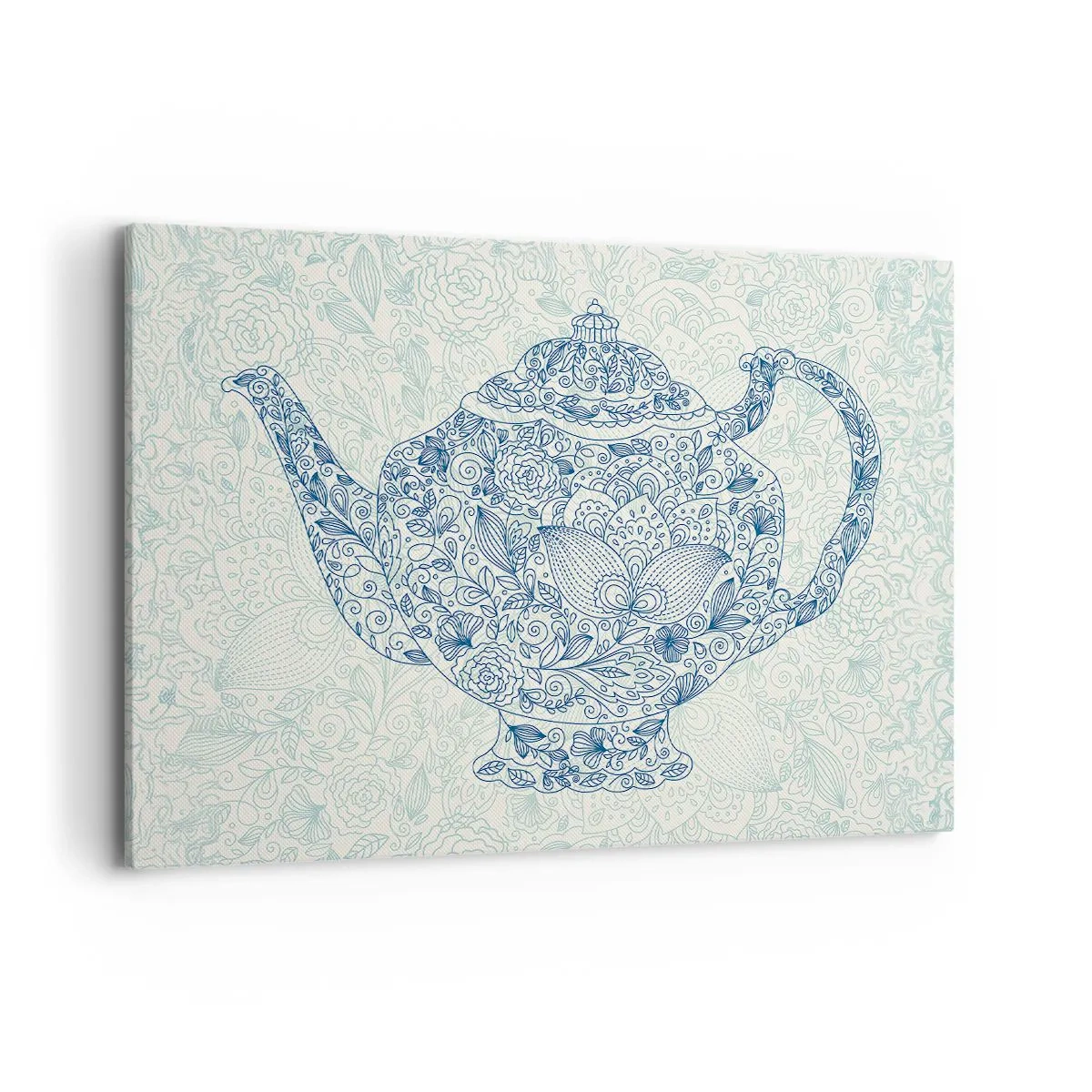 Impression sur toile - Image sur toile - Dessin décoratif d'une théière avec des ornements bleus - 100x70cm - Le charme du thé - Décoration murale moderne pour le salon et la chambre ARTTOR