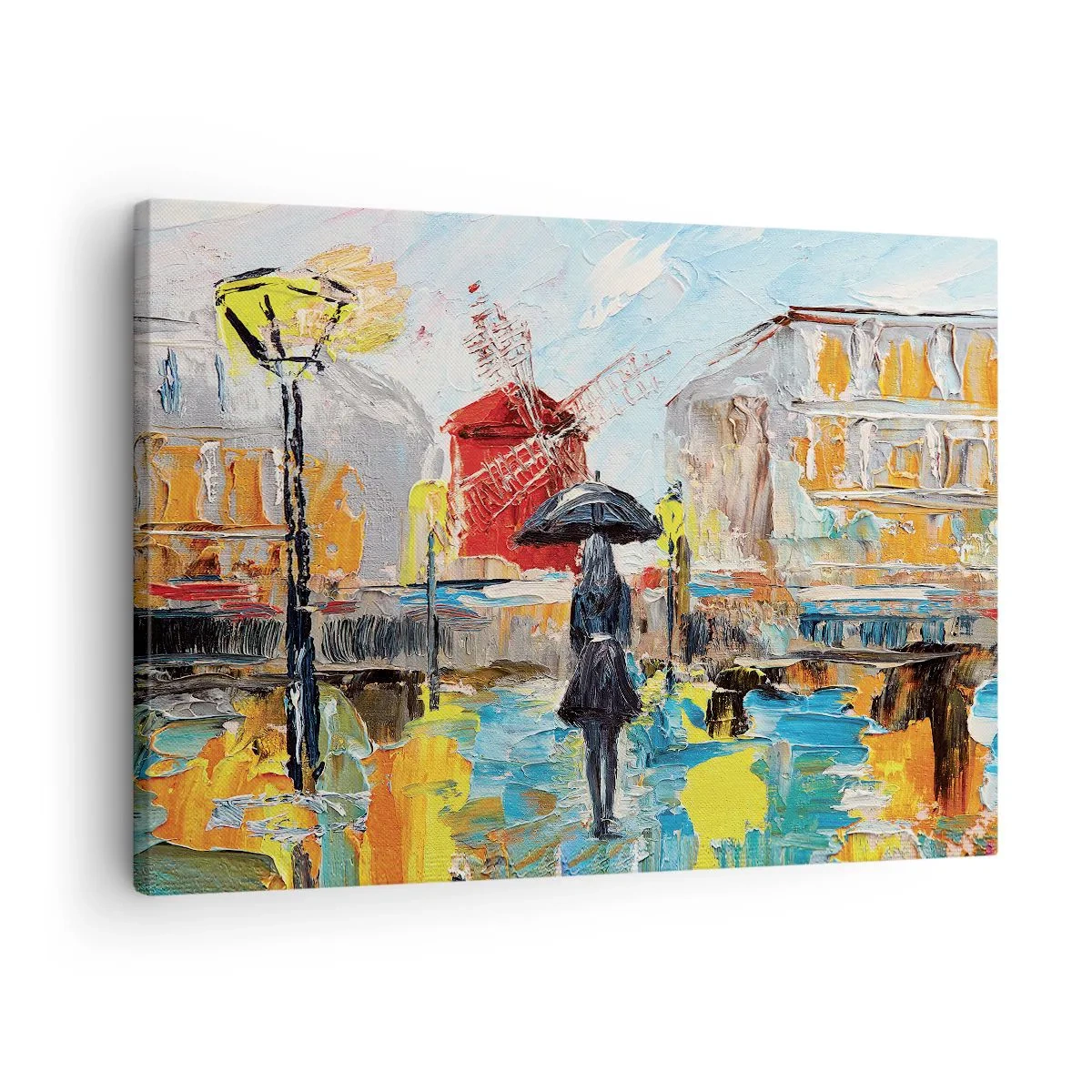 Impression sur toile - Image sur toile - Une scène pittoresque avec un parapluie sur fond de Paris aux couleurs vibrantes. - 70x50cm - Légende parisienne - Décoration murale moderne pour le salon et la chambre ARTTOR