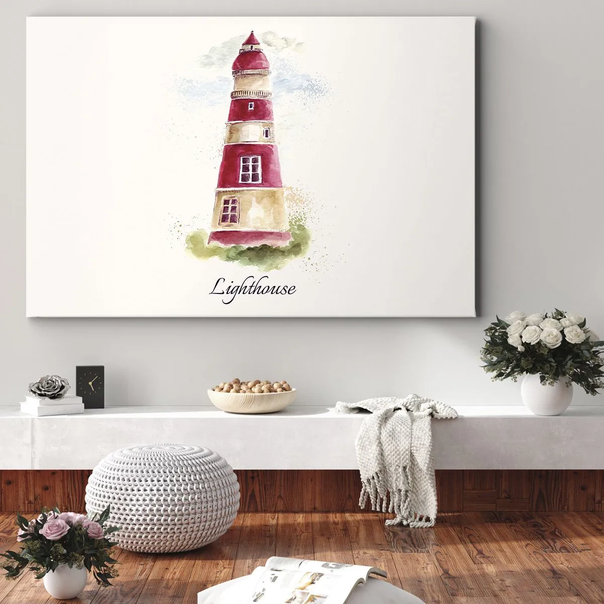 Impression sur toile - Image sur toile - Une aquarelle représentant un phare sur fond clair avec une inscription - 70x50cm - Il y a toujours beau temps autour - Décoration murale moderne pour le salon et la chambre ARTTOR