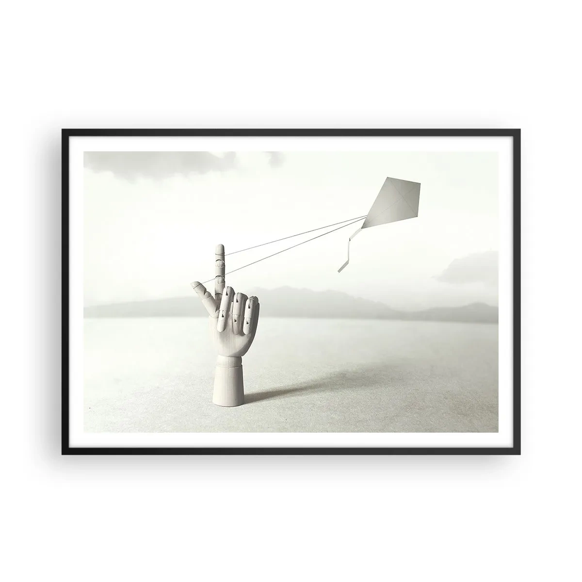 Affiche dans un cadre noir - Poster - Une main en bois minimaliste avec un cerf-volant sur un fond de paysage. - 100x70cm - Épreuve de force - Décoration murale moderne pour le salon et la chambre ARTTOR