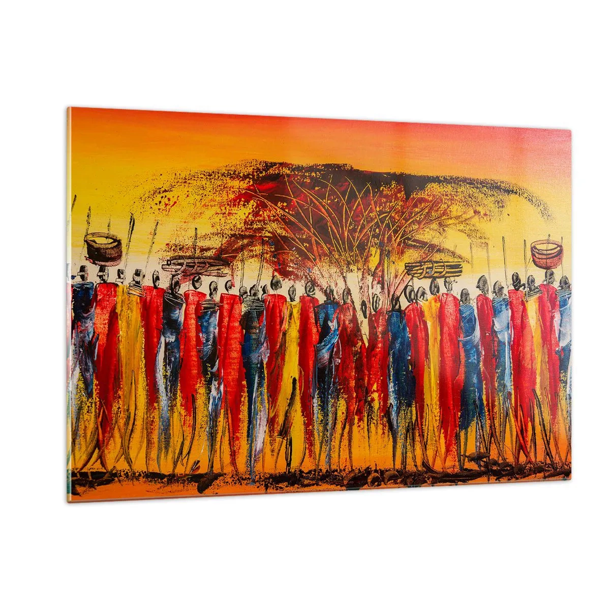 Impression sur verre - Image sur verre - Une scène colorée avec des gens en costumes traditionnels africains - 120x80cm - Là-bas, là-bas, ils vont là-bas - Décoration murale moderne pour le salon et la chambre ARTTOR