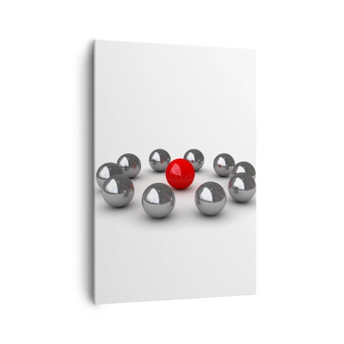 Impression sur toile - Image sur toile - Une boule rouge entourée de boules argentées sur fond blanc - 70x100cm - Un cercle en argent et rouge - Décoration murale moderne pour le salon et la chambre ARTTOR