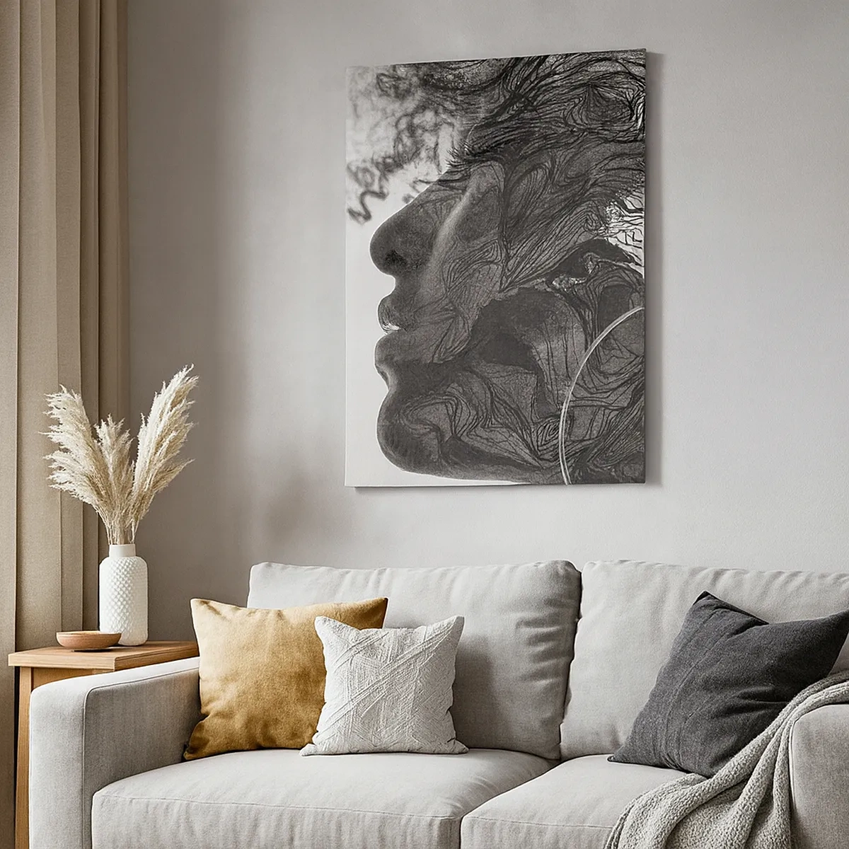 Impression sur toile - Image sur toile - Visage abstrait en noir et blanc avec des lignes dynamiques. - 50x70cm - Emmêlé dans les rêves - Décoration murale moderne pour le salon et la chambre ARTTOR