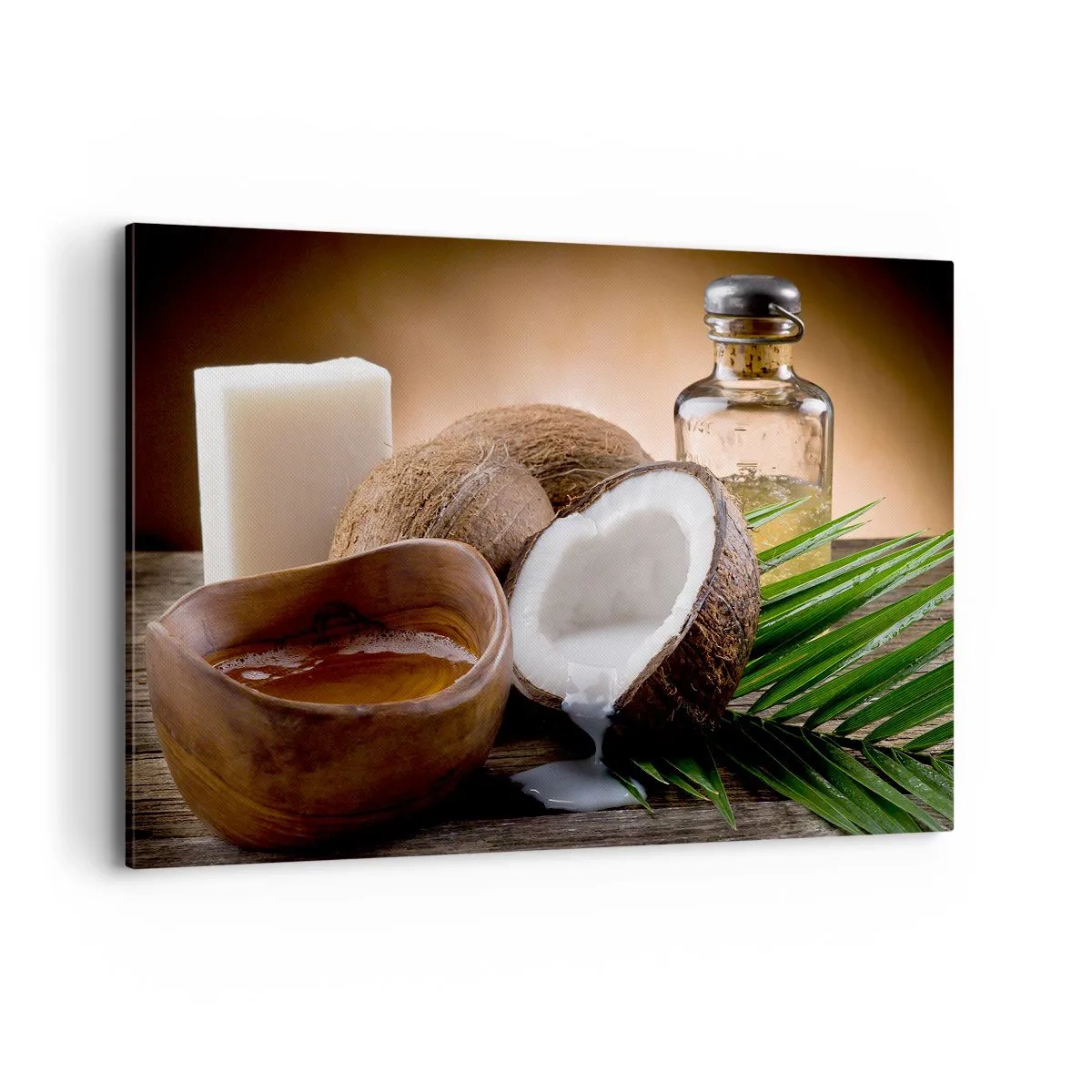 Impression sur toile - Image sur toile - Noix de coco, bougie et huile sur fond de bois - 120x80cm - Santé des îles tropicales - Décoration murale moderne pour le salon et la chambre ARTTOR