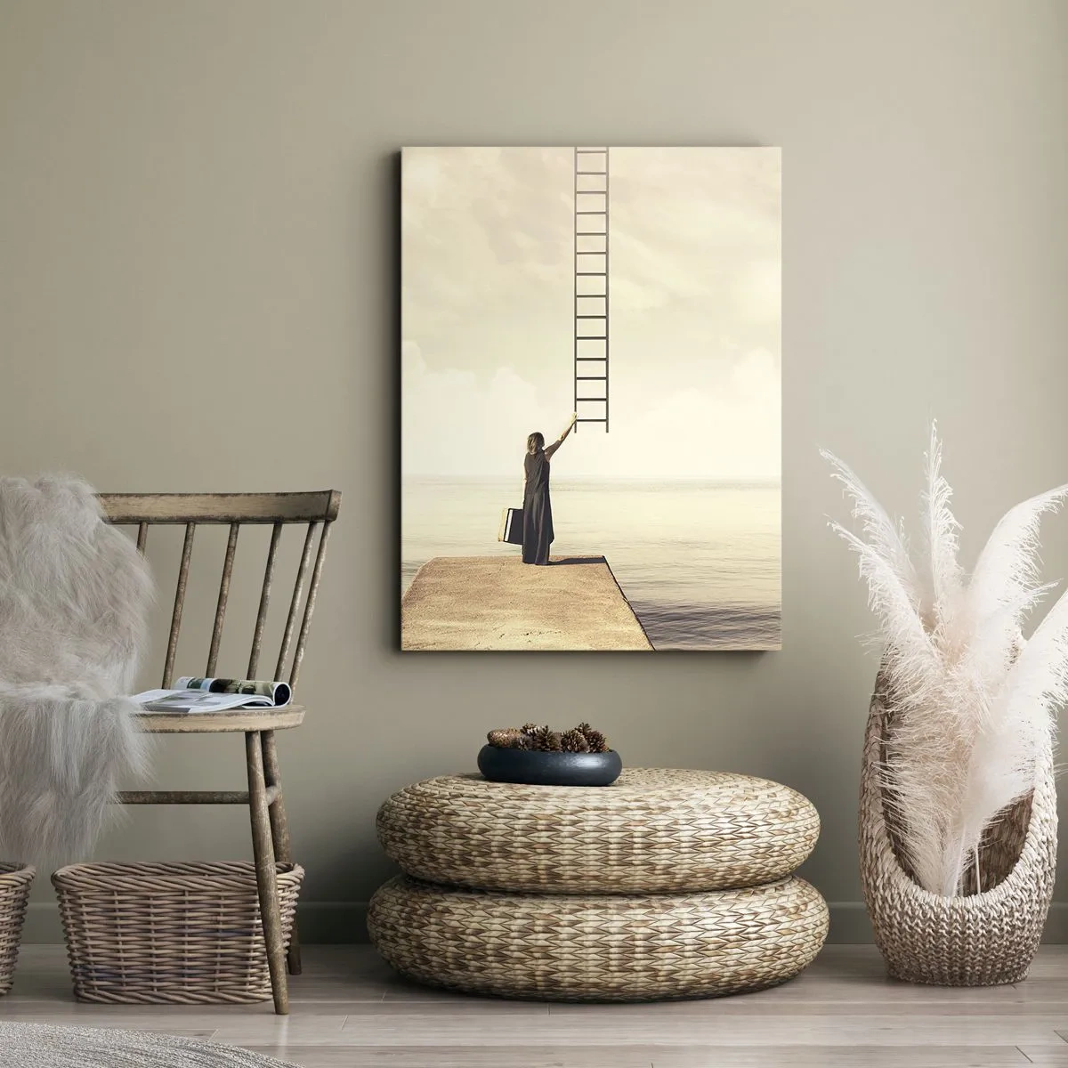 Impression sur toile - Image sur toile - Une femme debout sur une jetée avec une échelle menant au ciel - 50x70cm - Voyage magique - Décoration murale moderne pour le salon et la chambre ARTTOR