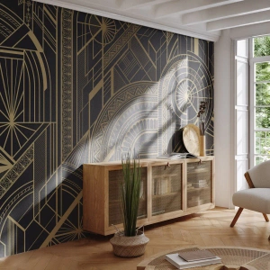 Papier Peint Photo Premium Sand - Motifs géométriques Art déco aux lignes dorées - 100x70cm - Concept, idée, plan - Décoration murale moderne pour le salon et la chambre ARTTOR