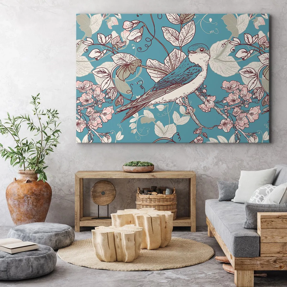 Impression sur toile - Image sur toile - Un oiseau sur une branche dans un style floral délicat - 100x70cm - Dans le bois blanc du rouge et de l'argent - Décoration murale moderne pour le salon et la chambre ARTTOR