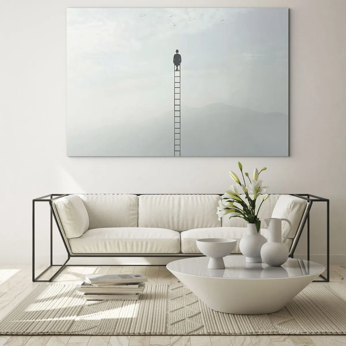 Impression sur verre - Image sur verre - Silhouette d'un homme au sommet d'une échelle dans les nuages - 70x50cm - Se soulever au-dessus - Décoration murale moderne pour le salon et la chambre ARTTOR