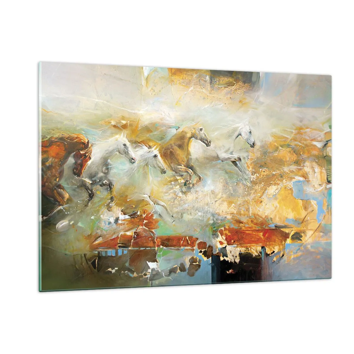 Impression sur verre - Image sur verre - Chevaux abstraits en mouvement dynamique - 120x80cm - Au galop vers la lumière - Décoration murale moderne pour le salon et la chambre ARTTOR