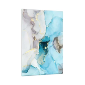 Impression sur verre - Image sur verre - Abstraction dans les tons de bleu et d'or avec des lignes subtiles - 80x120cm - Etude de la rencontre gris et turquoise - Décoration murale moderne pour le salon et la chambre ARTTOR