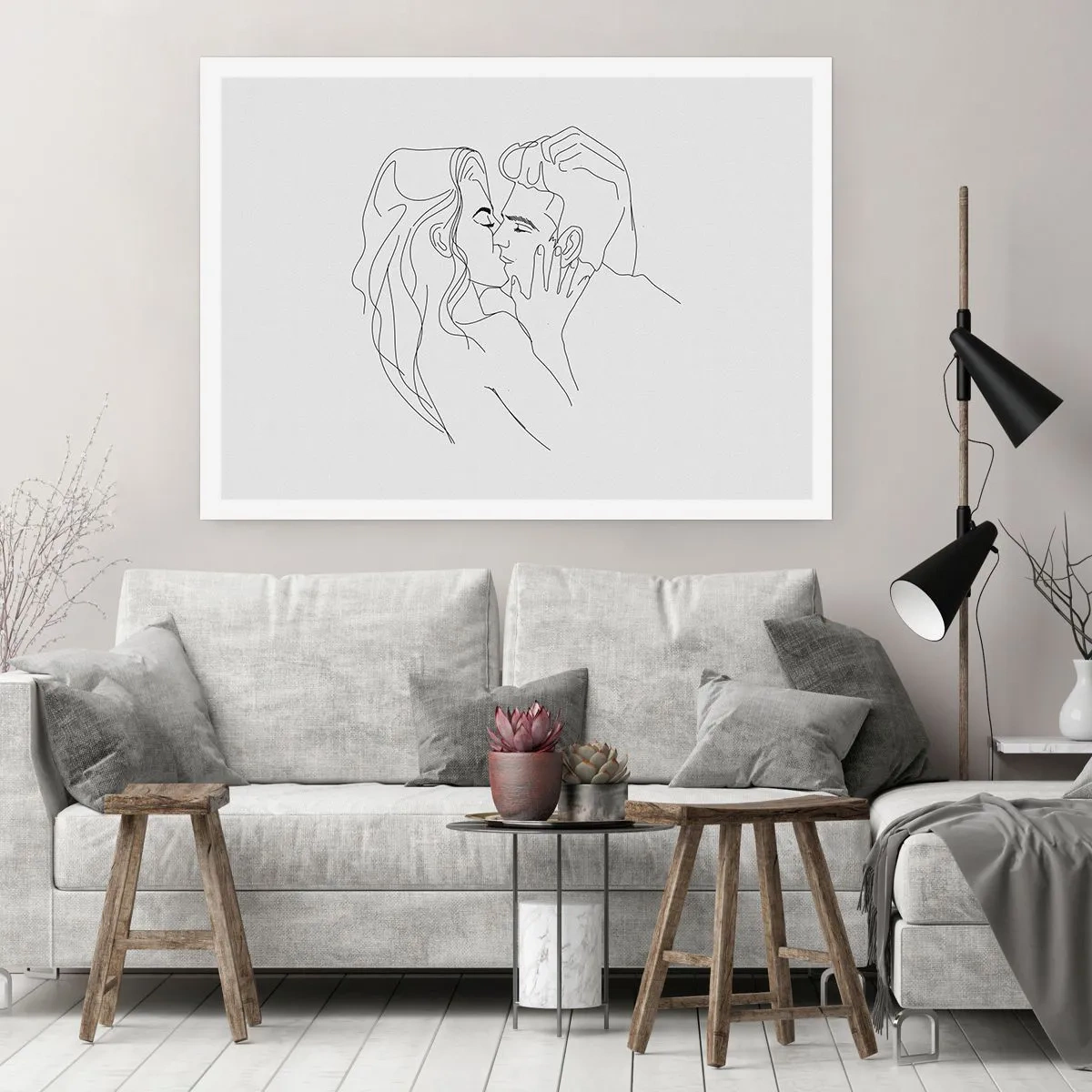 Affiche - Poster - Le contour d'un couple s'embrassant sur un fond clair - 100x70cm - La même ligne - Décoration murale moderne pour le salon et la chambre ARTTOR
