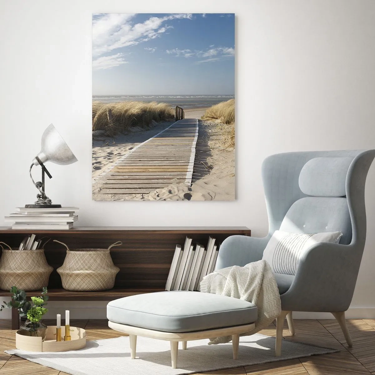 Impression sur verre - Image sur verre - Chemin en bois à travers les dunes menant à la plage - 50x70cm - Derrière la dune, dans le bruissement de l'herbe - Décoration murale moderne pour le salon et la chambre ARTTOR