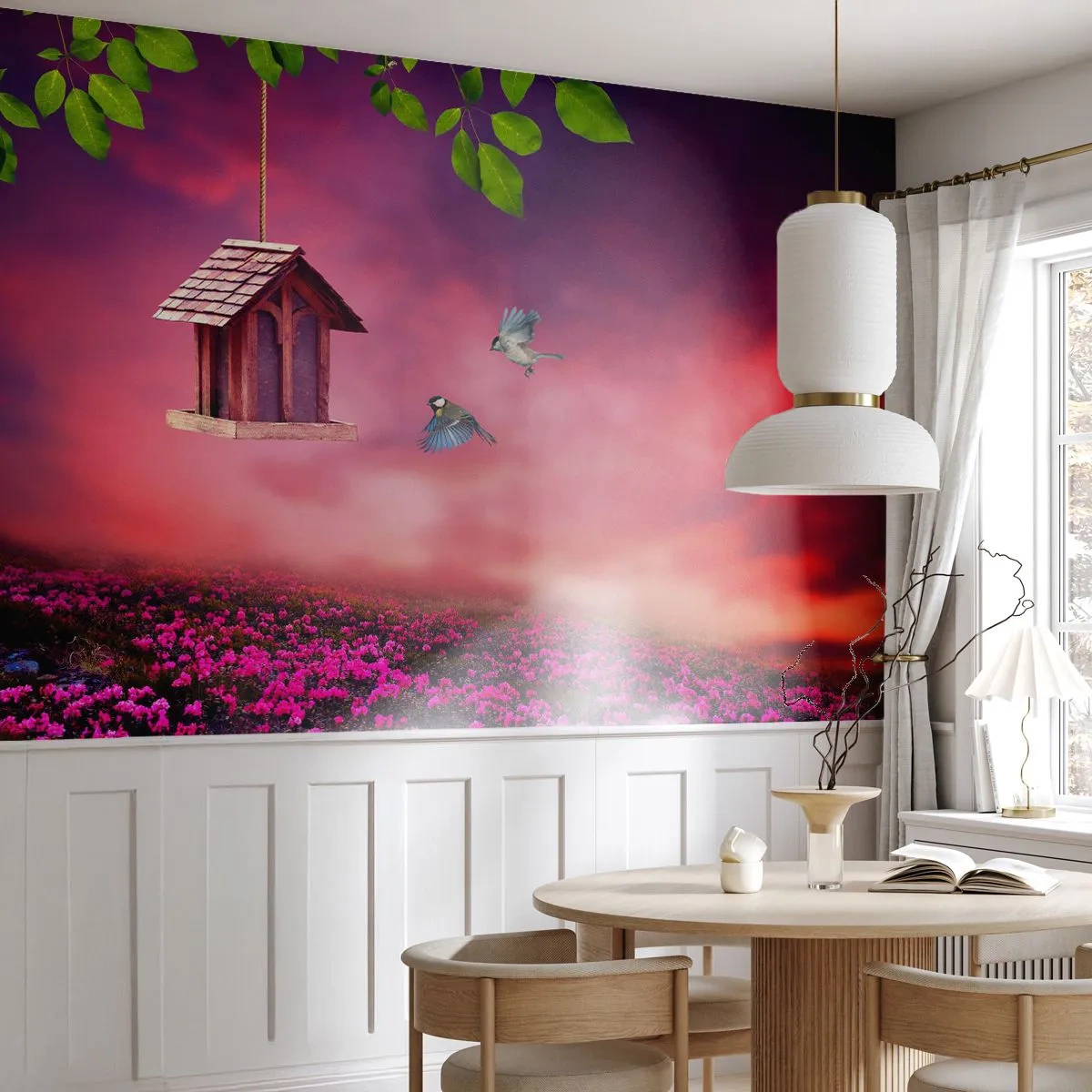 Papier Peint Autocollant Deluxe Sticker - Invitation à dîner - Paysage, Fleurs, Nichoir - 250x175 cm