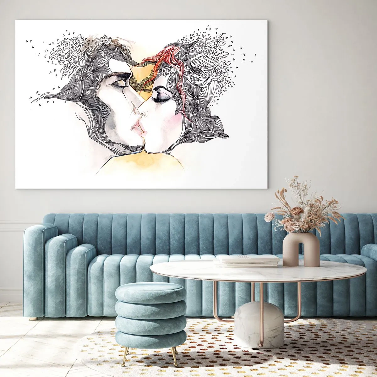 Impression sur verre - Image sur verre - Couple abstrait s'embrassant avec des motifs artistiques - 70x50cm - Le monde n'existe pas - Décoration murale moderne pour le salon et la chambre ARTTOR
