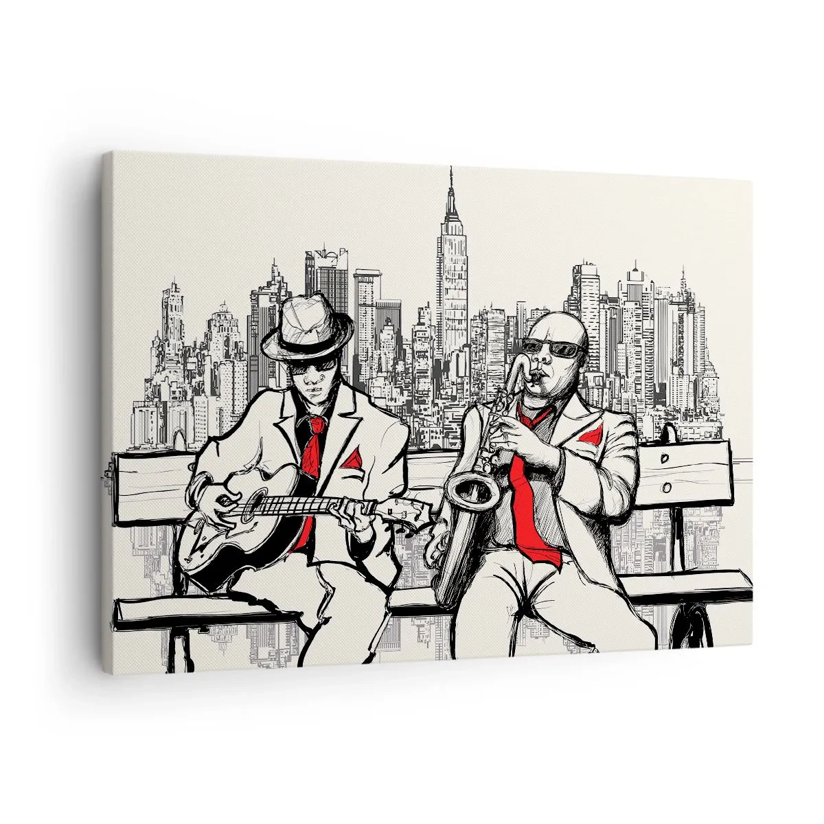 Impression sur toile - Image sur toile - Un duo de jazz avec saxophone et guitare sur fond de ville - 70x50cm - improvisation new-yorkaise - Décoration murale moderne pour le salon et la chambre ARTTOR