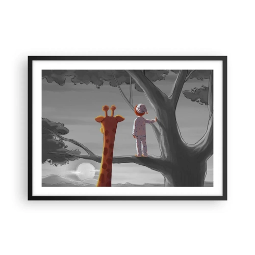 Affiche dans un cadre noir - Poster - Un enfant et une girafe sur une branche d'arbre dans un paysage de conte de fées - 70x50cm - Cela arrive vraiment - Décoration murale moderne pour le salon et la chambre ARTTOR
