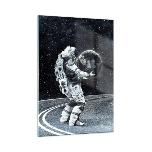 Impression sur verre - Image sur verre - Un astronaute transportant la Terre sur son chemin à travers l'univers - 50x70cm - Sur la Voie Lactée - Décoration murale moderne pour le salon et la chambre ARTTOR