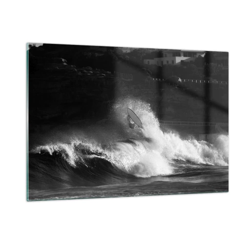 Impression sur verre - Image sur verre - Un surfeur sur une vague capturé dans une photographie en noir et blanc - 120x80cm - Défi accepté! - Décoration murale moderne pour le salon et la chambre ARTTOR