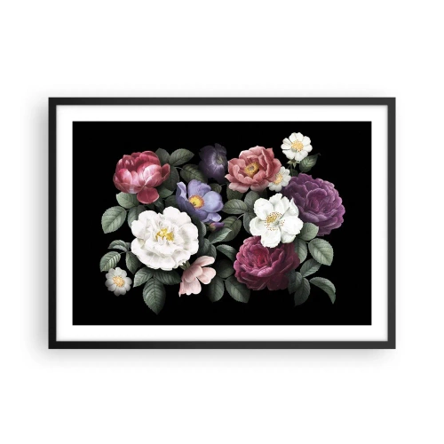 Affiche dans un cadre noir - Poster - Fleurs de différentes couleurs sur fond noir - 70x50cm - D'un jardin anglais - Décoration murale moderne pour le salon et la chambre ARTTOR