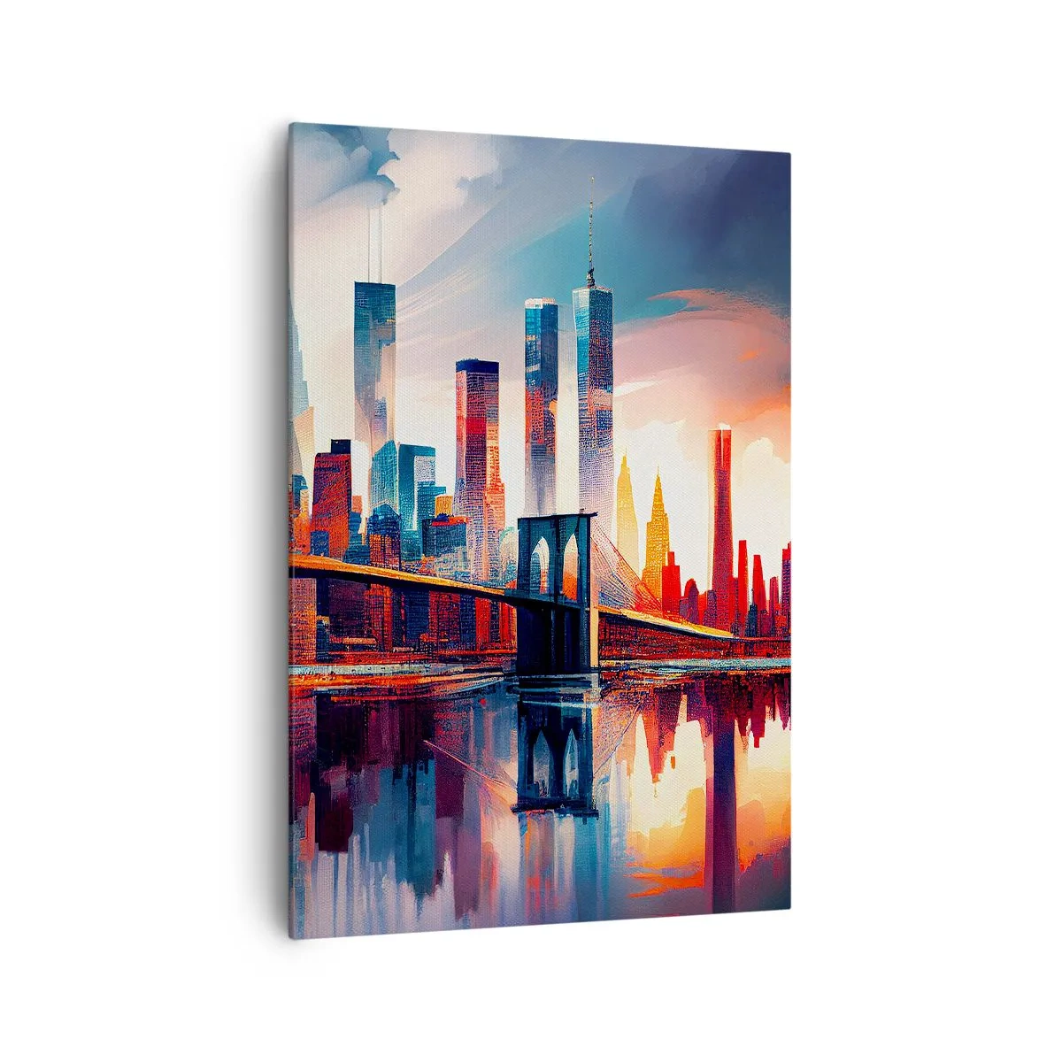 Impression sur toile - Image sur toile - Panorama de la ville de New York avec pont et reflet dans l'eau - 70x100cm - New York onirique - Décoration murale moderne pour le salon et la chambre ARTTOR
