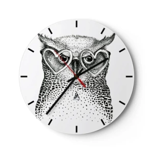 Horloge murale - Pendule murale - Chouette avec des lunettes en forme de cœur sur fond blanc - 30x30cm - Sagement et avec amour - Décoration murale moderne pour le salon, la cuisine et la chambre ARTTOR