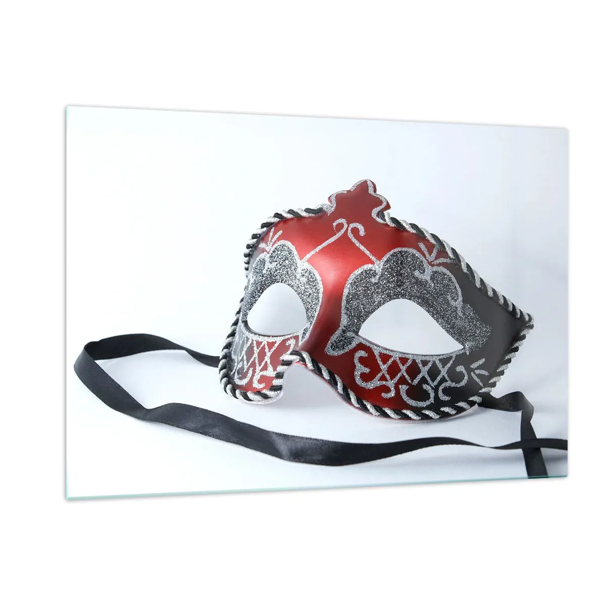 Impression sur verre - Image sur verre - Masque de carnaval en rouge et argent - 120x80cm - Invitation au bal - Décoration murale moderne pour le salon et la chambre ARTTOR