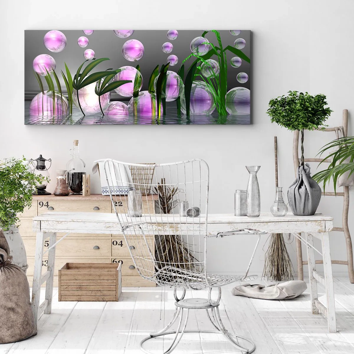 Impression sur toile - Image sur toile - Feuilles vertes et bulles roses au-dessus de l'eau sur fond gris - 160x50cm - Une composition réfléchissante de légèreté et de vie - Décoration murale moderne pour le salon et la chambre ARTTOR