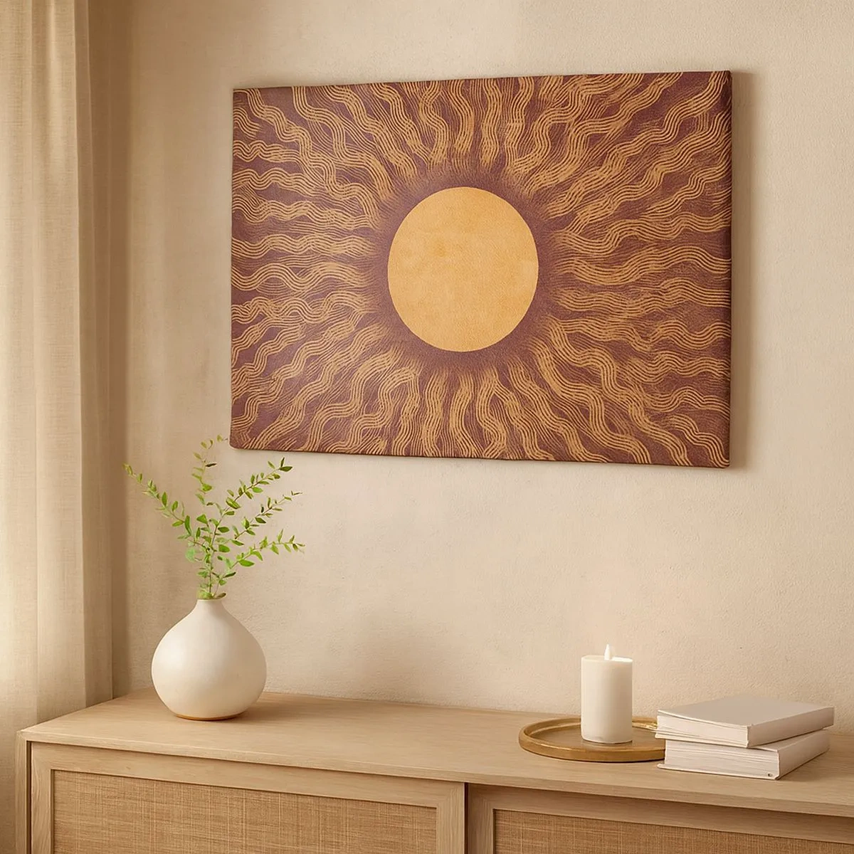Impression sur toile - Image sur toile - Motif ensoleillé avec des rayons sur un fond dans les tons marron - 70x50cm - Icône du soleil - Décoration murale moderne pour le salon et la chambre ARTTOR