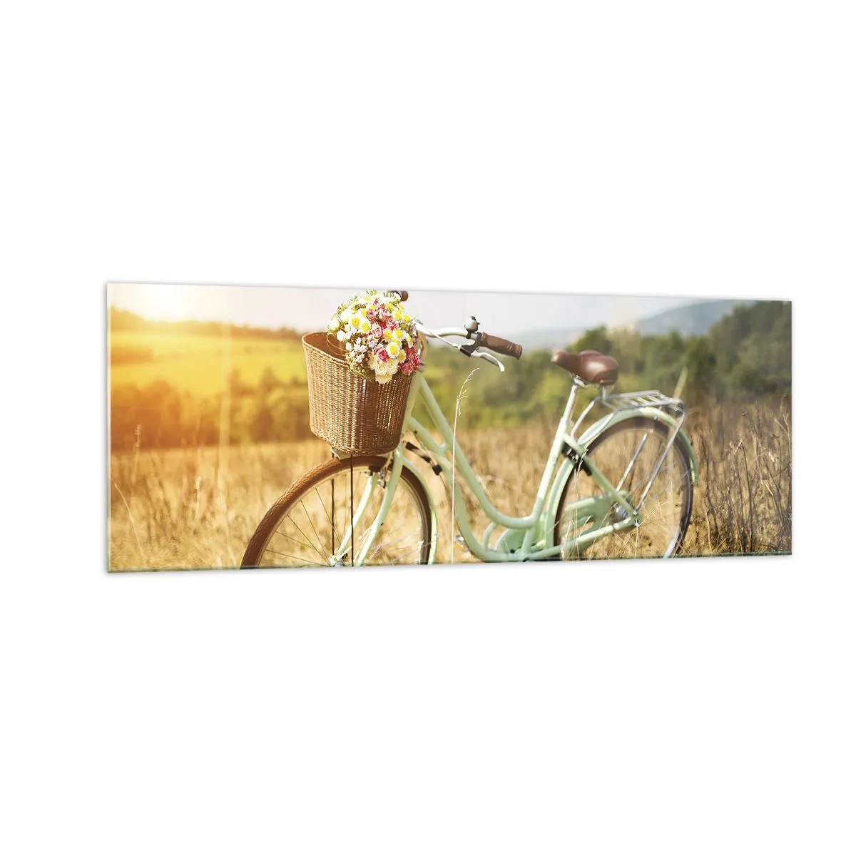 Impression sur verre - Image sur verre - Un vélo rétro avec un panier rempli de fleurs sur fond de prairie. - 140x50cm - Je vais rester un petit moment - Décoration murale moderne pour le salon et la chambre ARTTOR