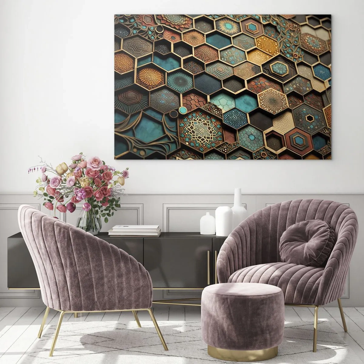 Impression sur verre - Image sur verre - Mosaïque à motifs géométriques de style oriental - 70x50cm - Ornements arabes – variation - Décoration murale moderne pour le salon et la chambre ARTTOR