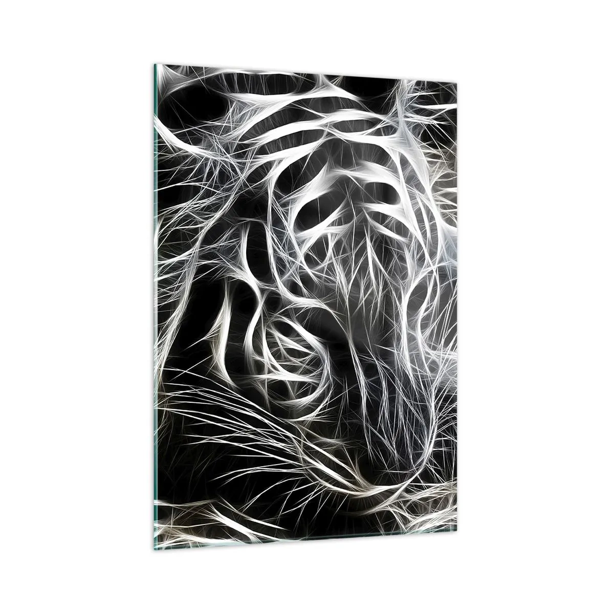 Impression sur verre - Image sur verre - Tigre abstrait en lignes lumineuses sur fond noir - 50x70cm - Une étude de la légèreté du chat - Décoration murale moderne pour le salon et la chambre ARTTOR