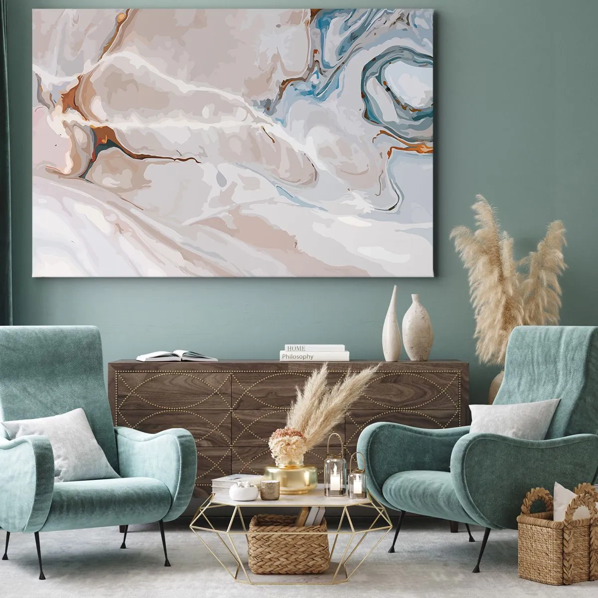 Impression sur toile - Image sur toile - Motif abstrait dans les tons de blanc et de bleu - 70x50cm - Le bleu serpente sous le blanc - Décoration murale moderne pour le salon et la chambre ARTTOR