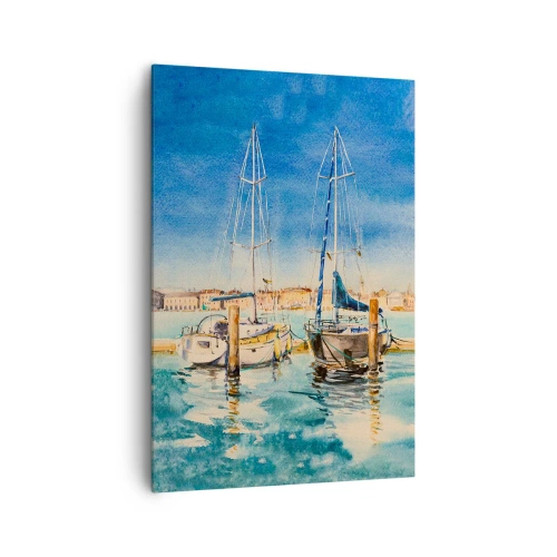 Impression sur toile - Image sur toile - Marina avec bateaux sur fond de lagon bleu - 70x100cm - Lagune ensoleillée - Décoration murale moderne pour le salon et la chambre ARTTOR