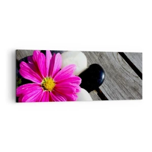 Impression sur toile - Image sur toile - Fleur rose sur un fond de planches de bois avec des pierres - 140x50cm - Repos sur la jetée - Décoration murale moderne pour le salon et la chambre ARTTOR