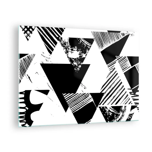 Impression sur verre - Image sur verre - Motifs géométriques noirs et blancs avec des motifs triangulaires - 70x50cm - Pluie de triangles - Décoration murale moderne pour le salon et la chambre ARTTOR
