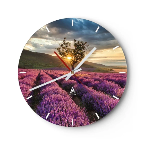 Horloge murale - Pendule murale - Un champ de lavande au coucher du soleil avec un arbre solitaire - 30x30cm - Arôme de couleur lilas - Décoration murale moderne pour le salon, la cuisine et la chambre ARTTOR