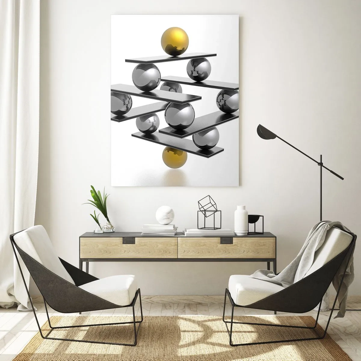 Impression sur verre - Image sur verre - Composition géométrique avec des boules métalliques et un accent doré - 70x100cm - Balance d'or et d'argent - Décoration murale moderne pour le salon et la chambre ARTTOR