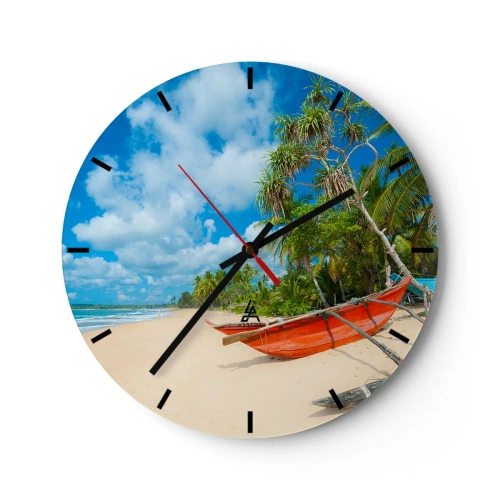 Horloge murale - Pendule murale - Une plage avec des palmiers et un bateau rouge contre un ciel bleu - 30x30cm - Le charme des tropiques - Décoration murale moderne pour le salon, la cuisine et la chambre ARTTOR
