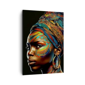 Impression sur toile - Image sur toile - Portrait d'une femme avec un motif coloré et un turban - 50x70cm - reine africaine - Décoration murale moderne pour le salon et la chambre ARTTOR