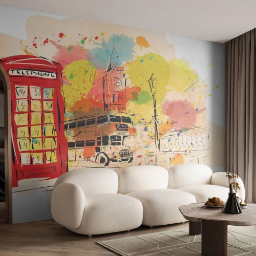 Papier Peint Photo Premium Canvas - Thème londonien avec bus rouge et stand - 100x70cm - La ville de la variété - Décoration murale moderne pour le salon et la chambre ARTTOR