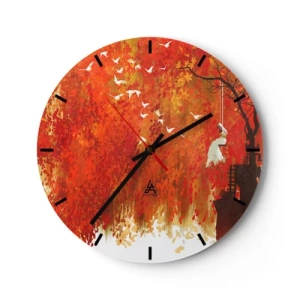 Horloge murale - Pendule murale - Scène d'automne avec une balançoire entourée de feuilles dorées et d'oiseaux - 30x30cm - S'envolera-t-il avec eux ? - Décoration murale moderne pour le salon, la cuisine et la chambre ARTTOR