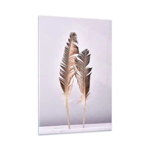 Impression sur verre - Image sur verre - Plumes délicates sur fond clair dans un style minimaliste - 80x120cm - Face au néant - Décoration murale moderne pour le salon et la chambre ARTTOR