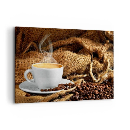 Impression sur toile - Image sur toile - Une tasse de café entourée d'un sac de grains de café - 120x80cm - L'odeur du moka et la densité du miel liquide - Décoration murale moderne pour le salon et la chambre ARTTOR