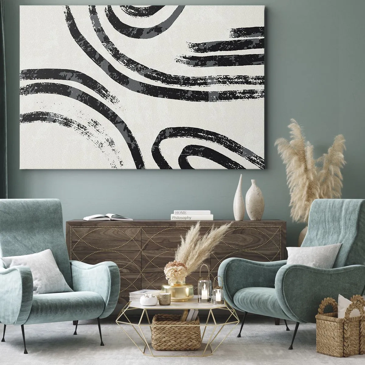 Impression sur toile - Image sur toile - Lignes abstraites noires et blanches sur fond clair - 70x50cm - À moitié arrêté - Décoration murale moderne pour le salon et la chambre ARTTOR