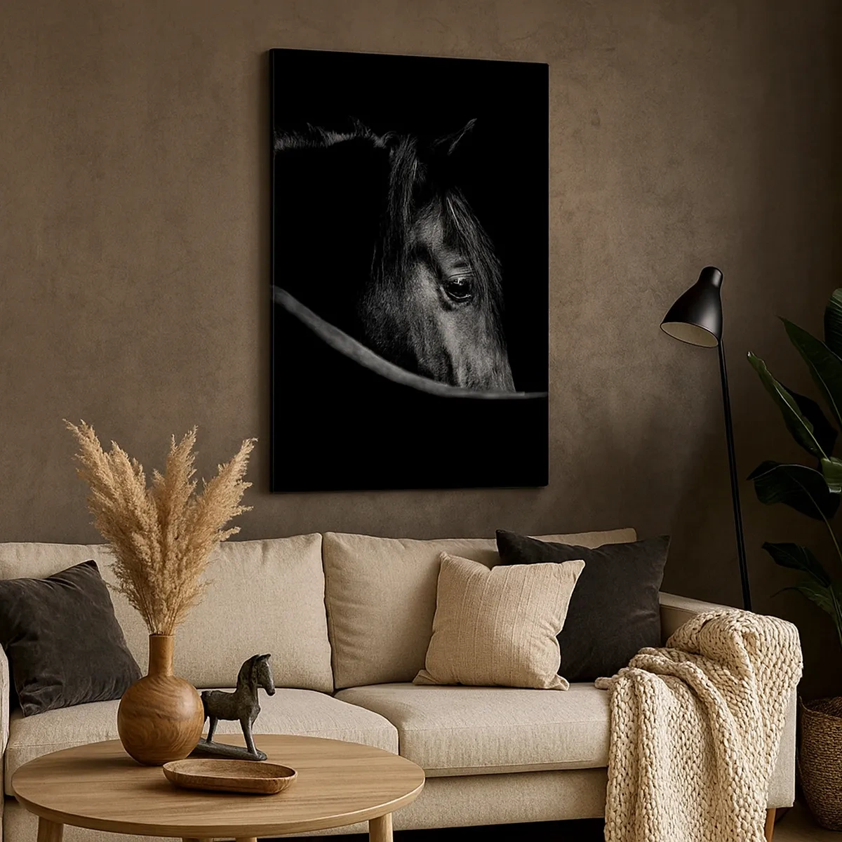 Impression sur toile - Image sur toile - Portrait en noir et blanc d'un cheval avec un jeu subtil de lumière et d'ombre sur un fond sombre. - 50x70cm - Prince Noir - Décoration murale moderne pour le salon et la chambre ARTTOR