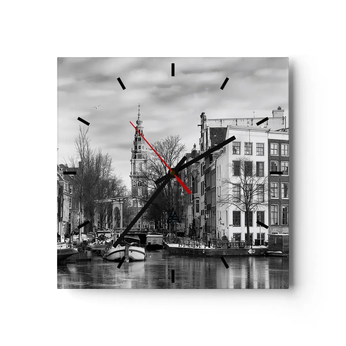 Horloge murale - Pendule murale - Panorama noir et blanc d'Amsterdam avec canal et bâtiments historiques - 30x30cm - Climat d'Amsterdam - Décoration murale moderne pour le salon et la chambre ARTTOR