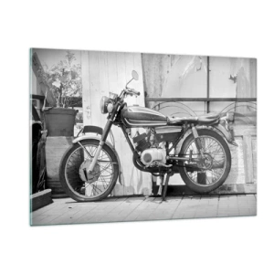 Impression sur verre - Image sur verre - Une moto de style rétro debout contre un mur en bois - 120x80cm - Classique au dessus de tout - Décoration murale moderne pour le salon et la chambre ARTTOR