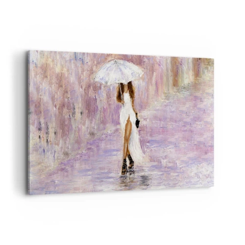 Impression sur toile - Image sur toile - Une femme avec un parapluie marchant sous la pluie dans des tons lilas - 100x70cm - Sous la pluie lilas - Décoration murale moderne pour le salon et la chambre ARTTOR